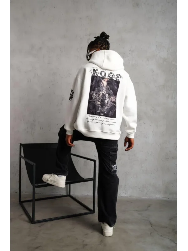 Lushiowear Erkek 3 İplik Pamuklu Kapüşonlu Baskılı Cepli Oversize Sweatshirt Hoodie - Beyaz