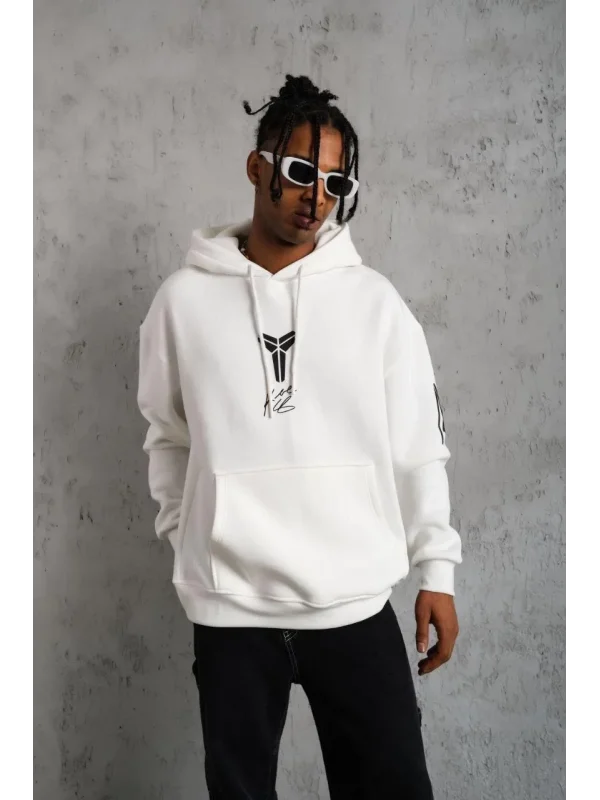 Lushiowear Erkek 3 İplik Pamuklu Kapüşonlu Baskılı Cepli Oversize Sweatshirt Hoodie - Beyaz