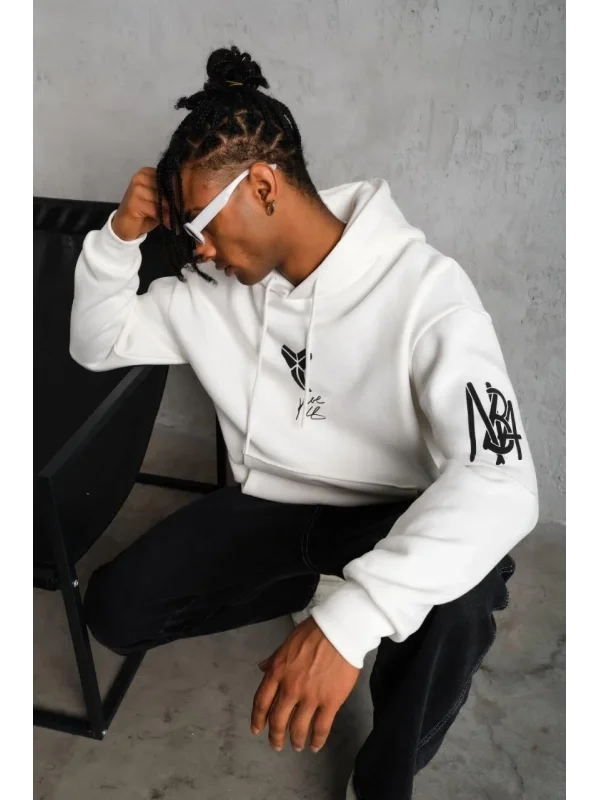 Lushiowear Erkek 3 İplik Pamuklu Kapüşonlu Baskılı Cepli Oversize Sweatshirt Hoodie - Beyaz