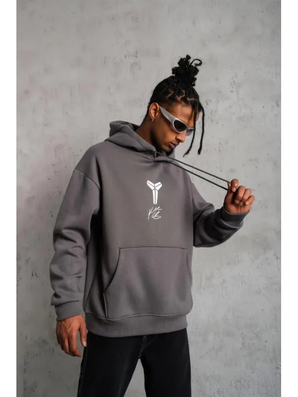 Lushiowear Erkek Baskılı Kapüşonlu 3 iplik pamuklu Hoodie Sweatshirt - Gri