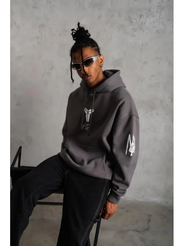 Lushiowear Erkek Baskılı Kapüşonlu 3 iplik pamuklu Hoodie Sweatshirt - Gri