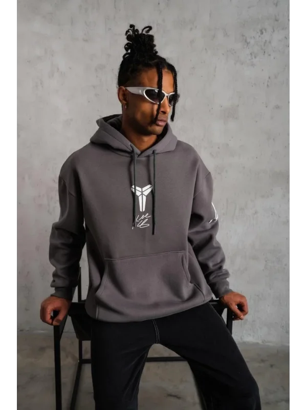 Lushiowear Erkek Baskılı Kapüşonlu 3 iplik pamuklu Hoodie Sweatshirt - Gri