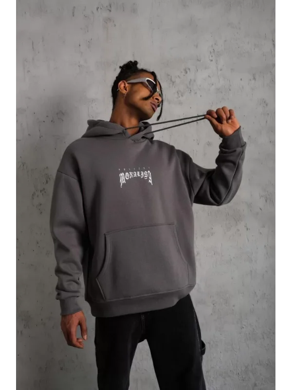Erkek Baskılı Kapüşonlu ve Kanguru Cepli Sweat- Gri