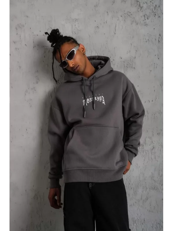 Erkek Baskılı Kapüşonlu ve Kanguru Cepli Sweat- Gri