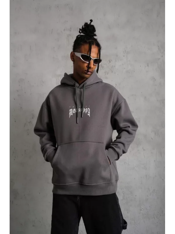 Erkek Baskılı Kapüşonlu ve Kanguru Cepli Sweat- Gri