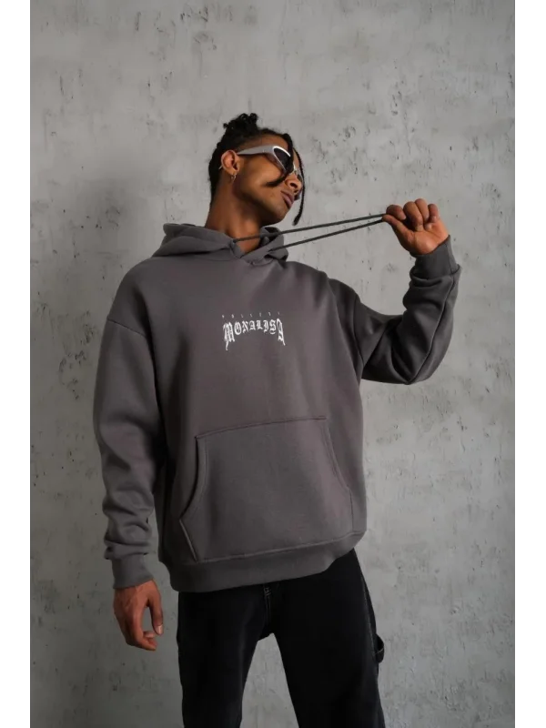 Lushiowear Erkek 3 İplik Pamuklu Kapüşonlu Baskılı Cepli Oversize Sweatshirt Hoodie - Gri