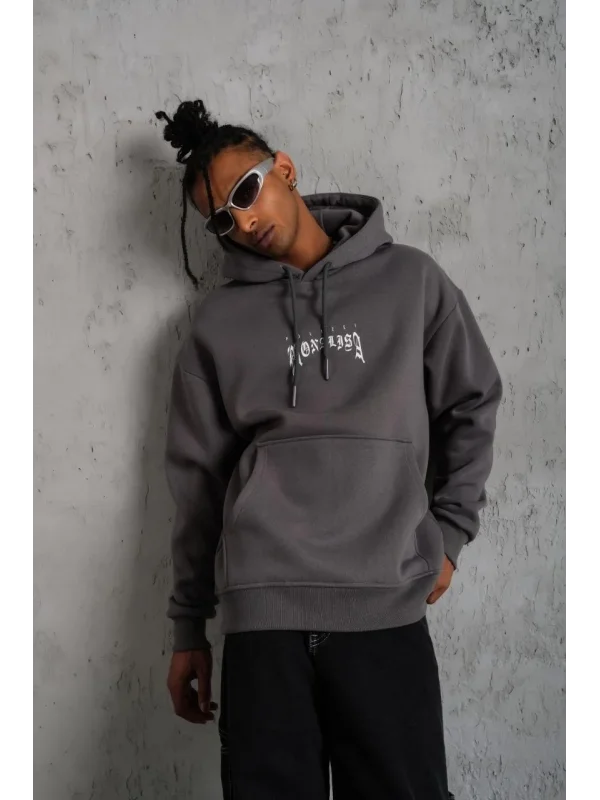 Lushiowear Erkek 3 İplik Pamuklu Kapüşonlu Baskılı Cepli Oversize Sweatshirt Hoodie - Gri