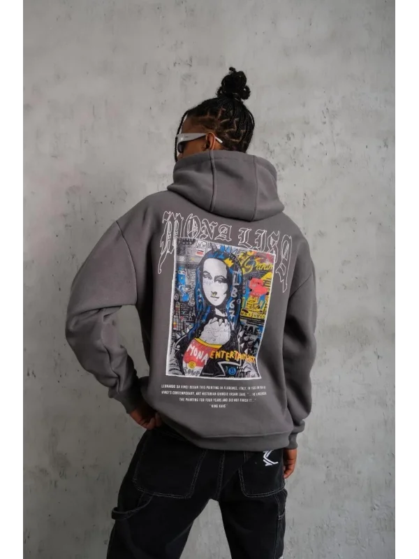 Lushiowear Erkek 3 İplik Pamuklu Kapüşonlu Baskılı Cepli Oversize Sweatshirt Hoodie - Gri