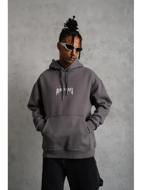 Lushiowear Erkek 3 İplik Pamuklu Kapüşonlu Baskılı Cepli Oversize Sweatshirt Hoodie - Gri
