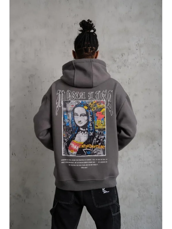 Lushiowear Erkek 3 İplik Pamuklu Kapüşonlu Baskılı Cepli Oversize Sweatshirt Hoodie - Gri
