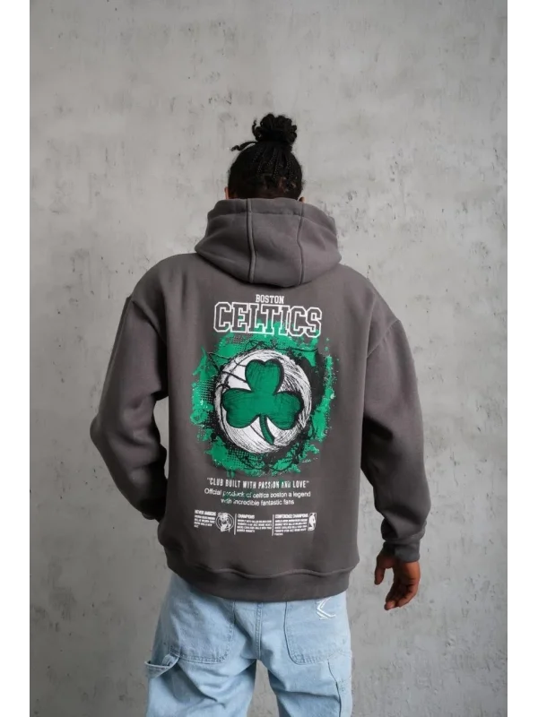 Lushiowear Erkek 3 İplik Pamuklu Kapüşonlu Baskılı Cepli Oversize Sweatshirt Hoodie - Gri