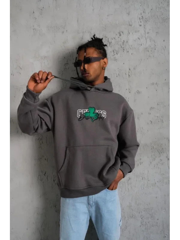 Lushiowear Erkek 3 İplik Pamuklu Kapüşonlu Baskılı Cepli Oversize Sweatshirt Hoodie - Gri