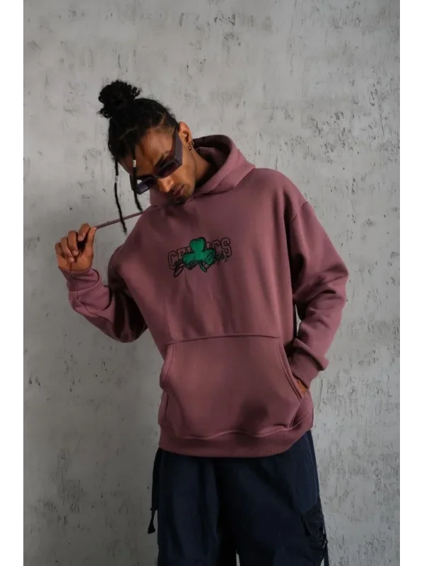 Lushiowear Erkek 3 İplik Pamuklu Kapüşonlu Baskılı Cepli Sweatshirt Hoodie - Gül Kurusu