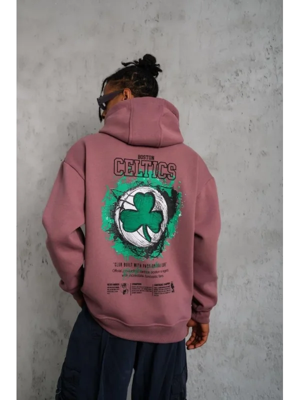 Lushiowear Erkek 3 İplik Pamuklu Kapüşonlu Baskılı Cepli Sweatshirt Hoodie - Gül Kurusu