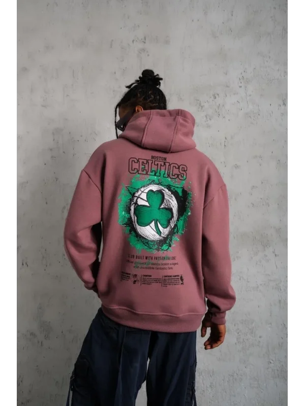 Lushiowear Erkek 3 İplik Pamuklu Kapüşonlu Baskılı Cepli Sweatshirt Hoodie - Gül Kurusu