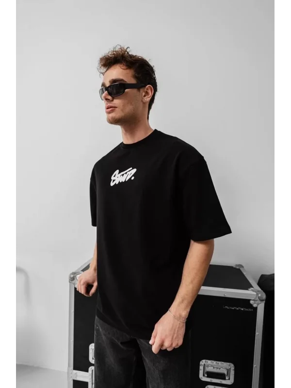 Erkek Baskılı Oversize T-shirt - Siyah