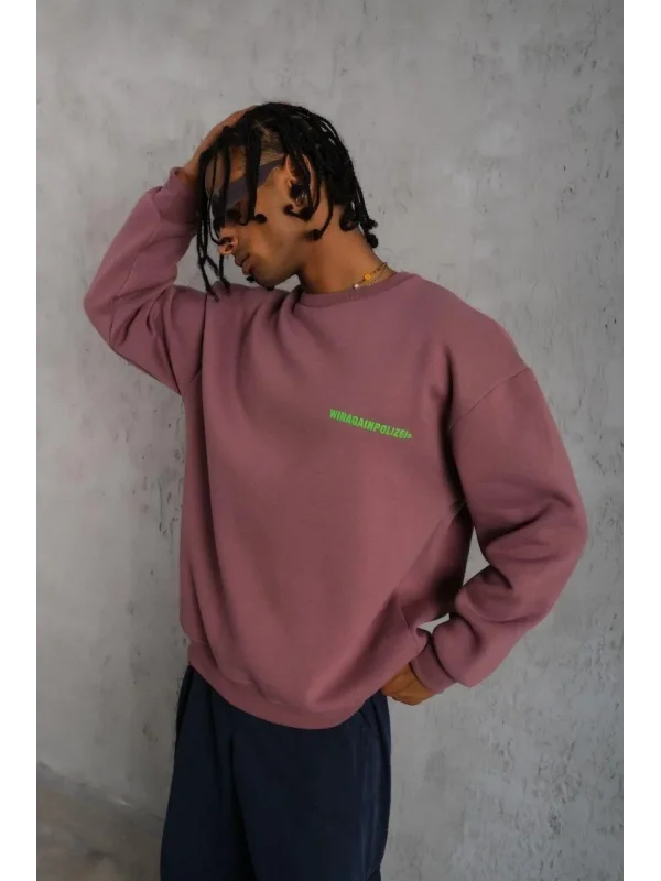 Lushiowear Erkek Bisiklet Yaka Baskılı 3 iplik pamuklu Sweatshirt - Gül Kurusu