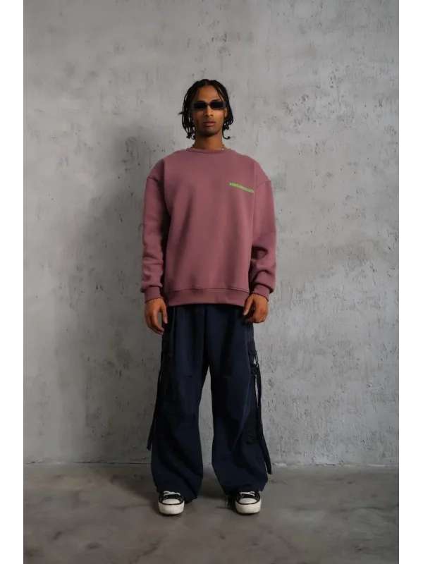 Lushiowear Erkek Bisiklet Yaka Baskılı 3 iplik pamuklu Sweatshirt - Gül Kurusu