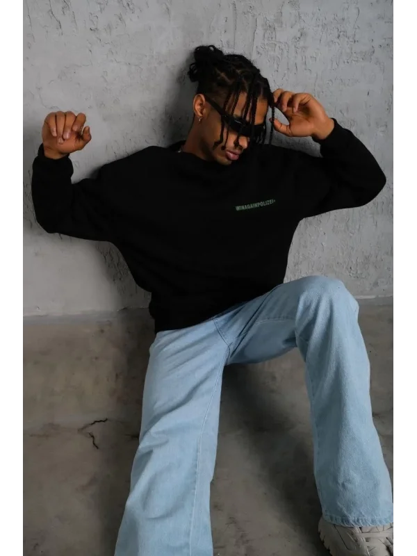 Lushiowear Erkek Bisiklet Yaka Baskılı 3 iplik pamuklu Sweatshirt - Siyah