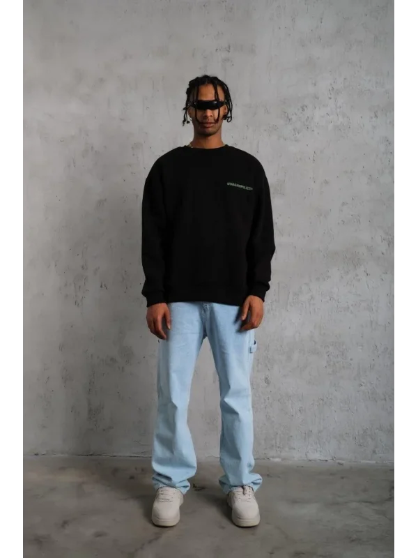 Lushiowear Erkek Bisiklet Yaka Baskılı 3 iplik pamuklu Sweatshirt - Siyah