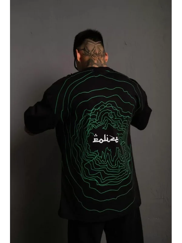 Erkek Bisiklet Yakalı Sırt Baskılı Oversize T-Shirt - Siyah