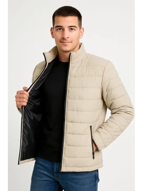 Erkek Bomber Mont Ceket – Su İtici Kumaş, Kapitone Astarlı, Fermuarlı, Kışlık - Bej