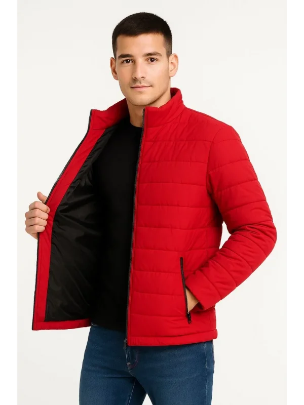 Erkek Bomber Mont Ceket – Su İtici Kumaş, Kapitone Astarlı, Fermuarlı, Kışlık - Kırmızı