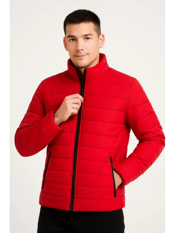 Erkek Bomber Mont Ceket – Su İtici Kumaş, Kapitone Astarlı, Fermuarlı, Kışlık - Kırmızı