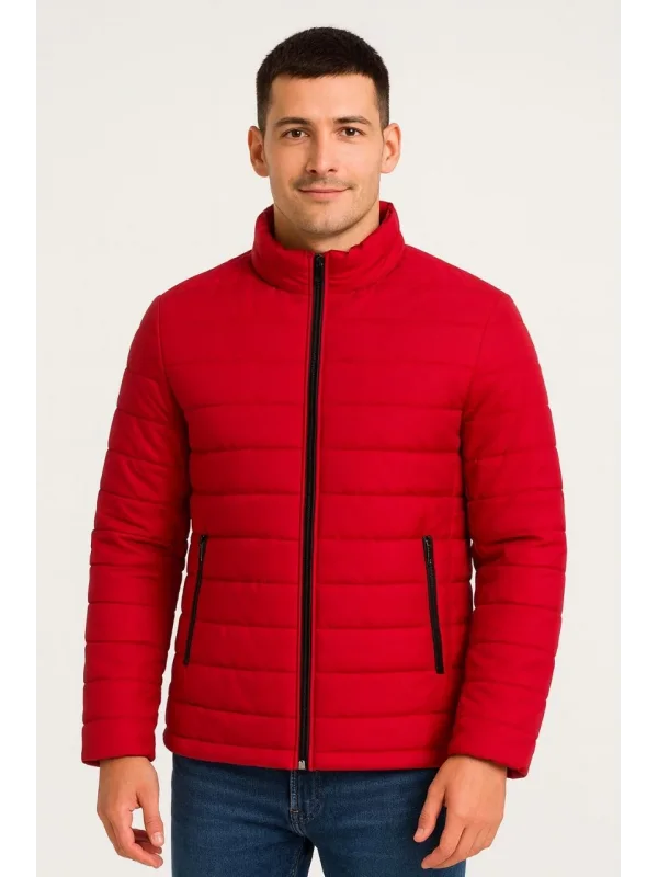 Erkek Bomber Mont Ceket – Su İtici Kumaş, Kapitone Astarlı, Fermuarlı, Kışlık - Kırmızı