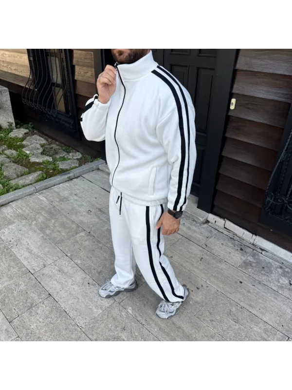 Erkek Çift Şeritli Eşofman Takım Dik Yaka Fermuarlı Sweatshirt Boru Paça Alt, Oversize 3 iplik Pamuklu - Beyaz
