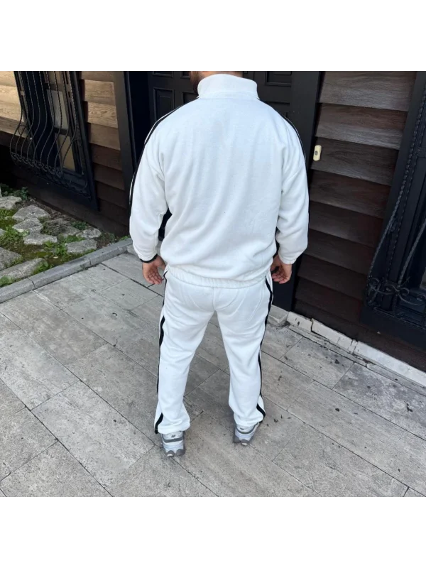 Erkek Çift Şeritli Eşofman Takım Dik Yaka Fermuarlı Sweatshirt Boru Paça Alt, Oversize 3 iplik Pamuklu - Beyaz