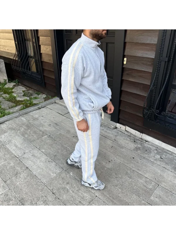 Erkek Çift Şeritli Eşofman Takım Dik Yaka Fermuarlı Sweatshirt Boru Paça Alt, Oversize 3 iplik Pamuklu - Gri