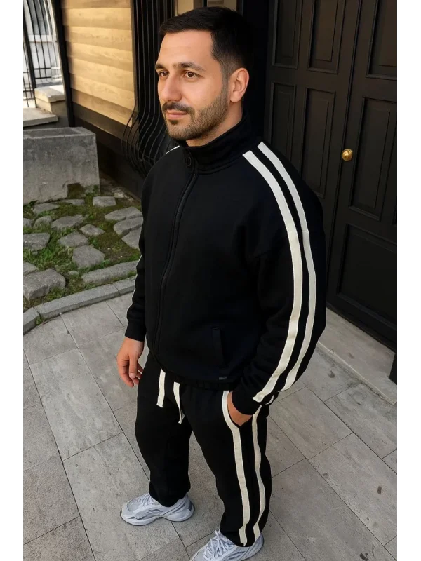 Erkek Çift Şeritli Eşofman Takım Dik Yaka Fermuarlı Sweatshirt Boru Paça Alt, Oversize 3 iplik Pamuklu - Siyah