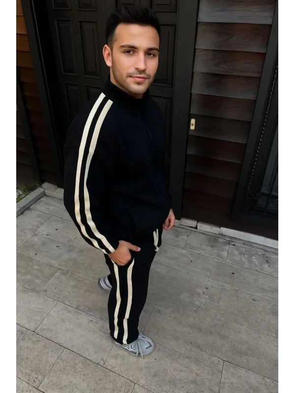 Erkek Çift Şeritli Eşofman Takım Dik Yaka Fermuarlı Sweatshirt Boru Paça Alt, Oversize 3 iplik Pamuklu - Siyah