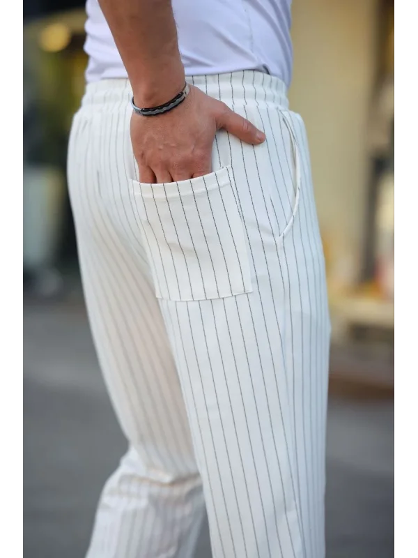 Erkek Cizgili Dokuma Krep Jogger Buggy Pantalon Rahat kalıp - Beyaz