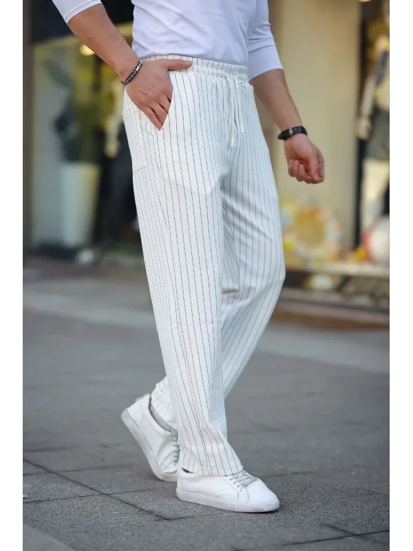 Erkek Cizgili Dokuma Krep Jogger Buggy Pantalon Rahat kalıp - Beyaz