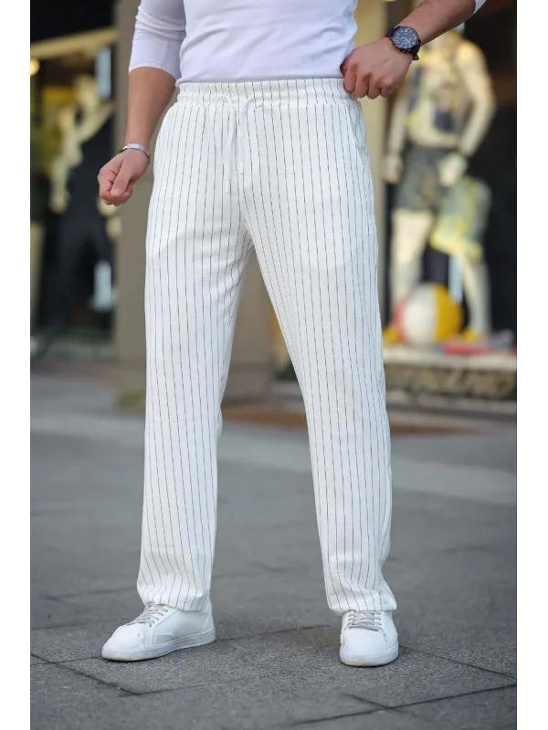 Erkek Cizgili Dokuma Krep Jogger Buggy Pantalon Rahat kalıp - Beyaz