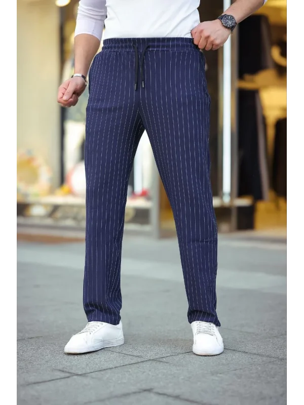 Erkek Cizgili Dokuma Krep Jogger Buggy Pantalon Rahat kalıp - Lacivert
