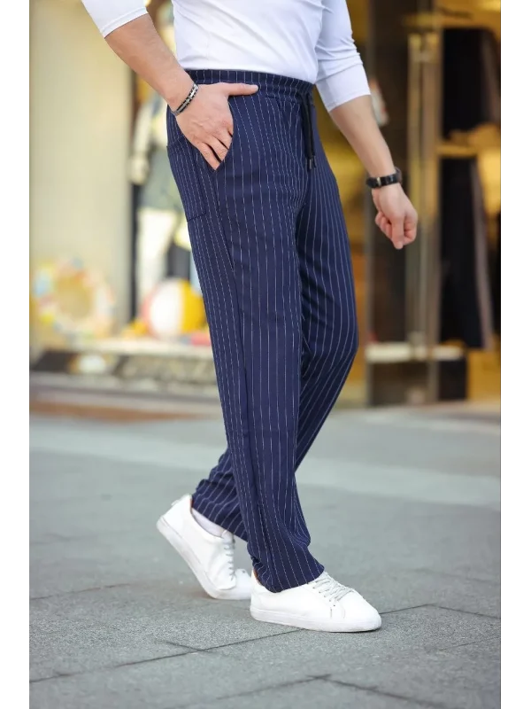 Erkek Cizgili Dokuma Krep Jogger Buggy Pantalon Rahat kalıp - Lacivert