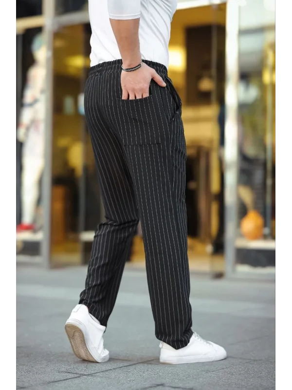 Erkek Cizgili Dokuma Krep Jogger Buggy Pantalon Rahat kalıp - Siyah