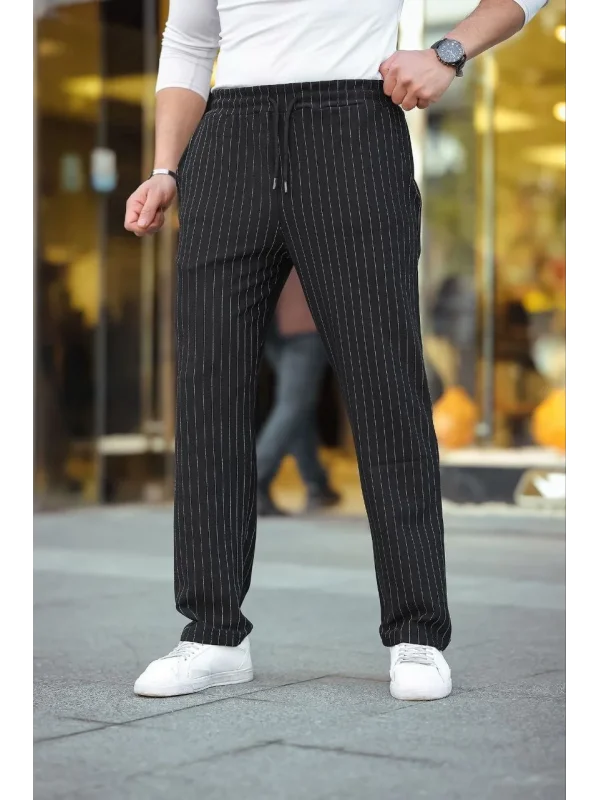 Erkek Cizgili Dokuma Krep Jogger Buggy Pantalon Rahat kalıp - Siyah