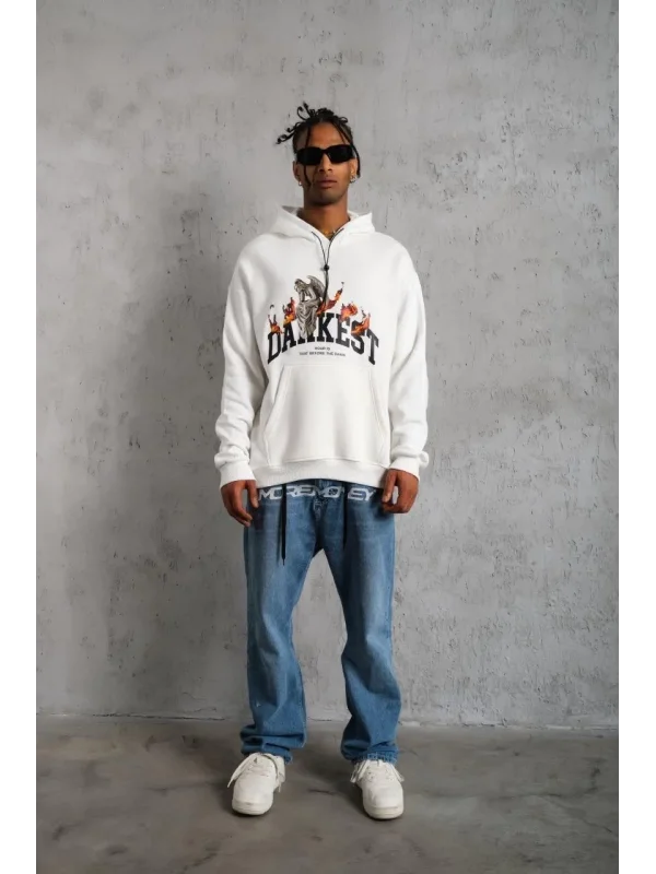 Lushiowear Erkek 3 İplik Pamuklu Kapüşonlu Baskılı Cepli Oversize Sweatshirt Hoodie - Beyaz