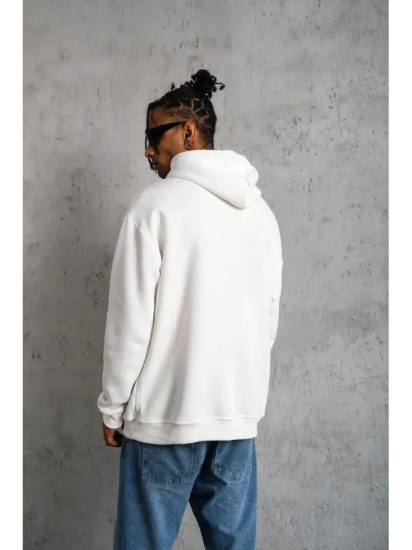 Lushiowear Erkek 3 İplik Pamuklu Kapüşonlu Baskılı Cepli Oversize Sweatshirt Hoodie - Beyaz