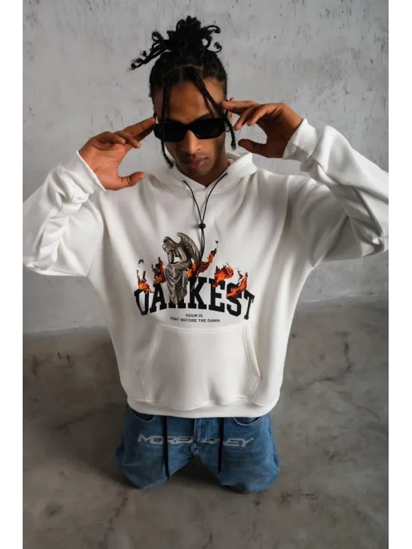 Lushiowear Erkek 3 İplik Pamuklu Kapüşonlu Baskılı Cepli Oversize Sweatshirt Hoodie - Beyaz