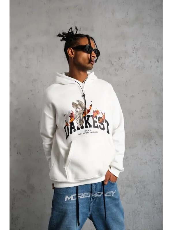 Lushiowear Erkek 3 İplik Pamuklu Kapüşonlu Baskılı Cepli Oversize Sweatshirt Hoodie - Beyaz