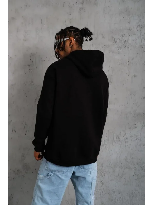 Lushiowear Erkek 3 İplik Pamuklu Kapüşonlu Baskılı Cepli Oversize Sweatshirt Hoodie - Siyah