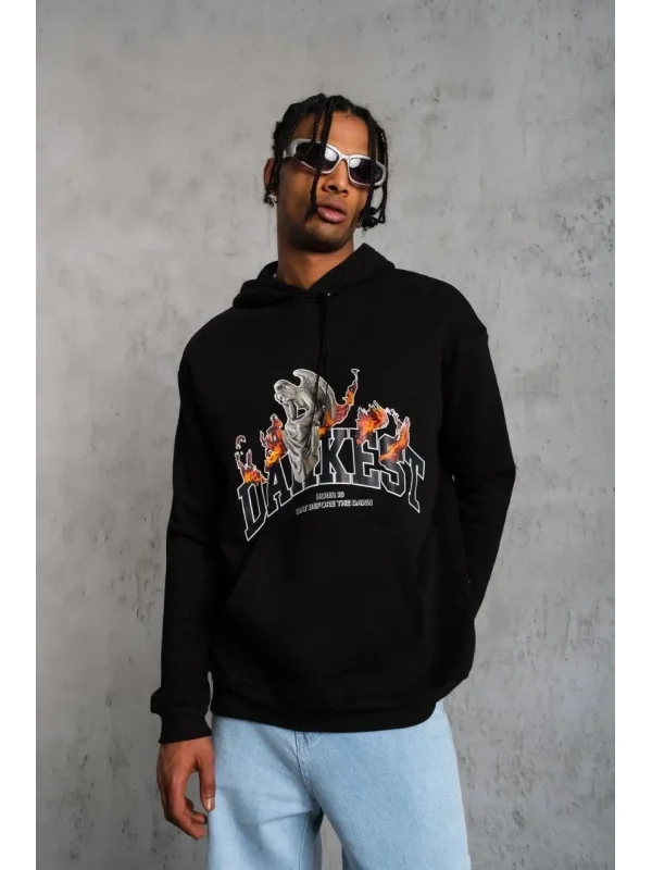 Lushiowear Erkek 3 İplik Pamuklu Kapüşonlu Baskılı Cepli Oversize Sweatshirt Hoodie - Siyah