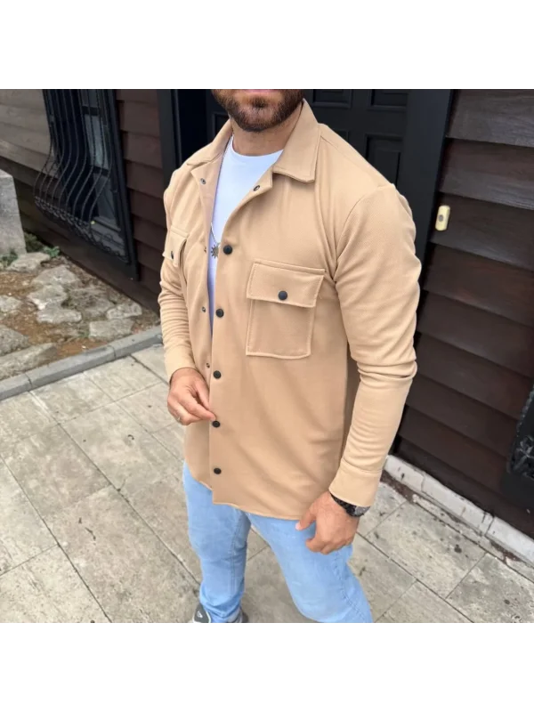 Erkek Diagonal Kumaş Cepli Çıtçıtlı uzun Kollu, Gömlek Oversize Rahat Kalıp Günlük Şık Stil - Bej