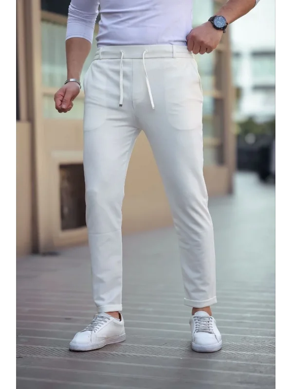 Erkek Diagonel Mikro dokulu Cepli Beli Lastilki Pantolon - Bej