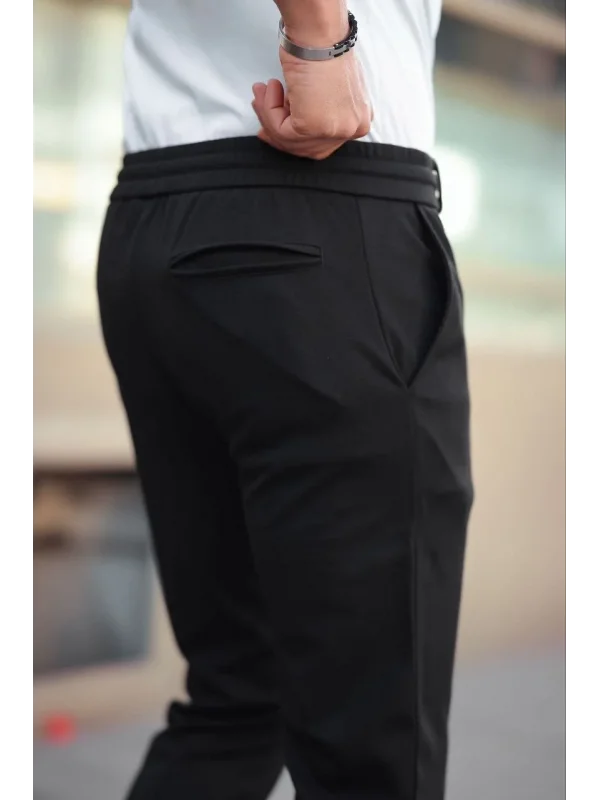 Erkek Diagonel Mikro dokulu Cepli Beli Lastilki Pantolon - Siyah